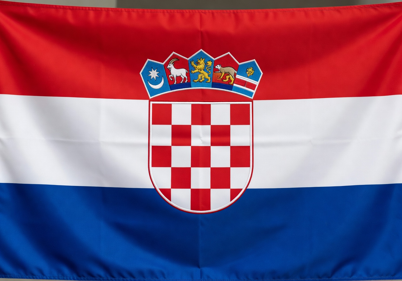 Kroatian virallinen lippu - punainen, valkoinen ja sininen vaakaraita ja kansallinen vaakuna keskellä