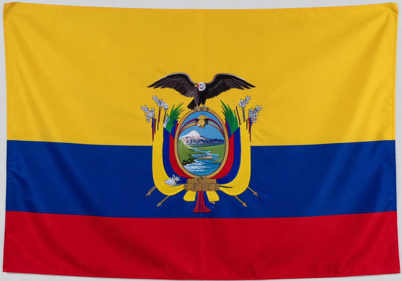 Ecuadorin virallinen lippu - keltainen, sininen ja punainen vaakaraita ja kansallinen vaakuna