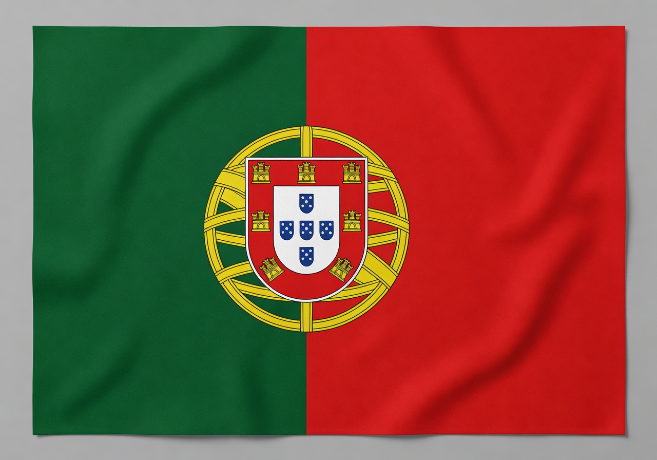 Portugalin virallinen lippu - vihreät ja punaiset pystysuorat raidat ja Portugalin vaakuna