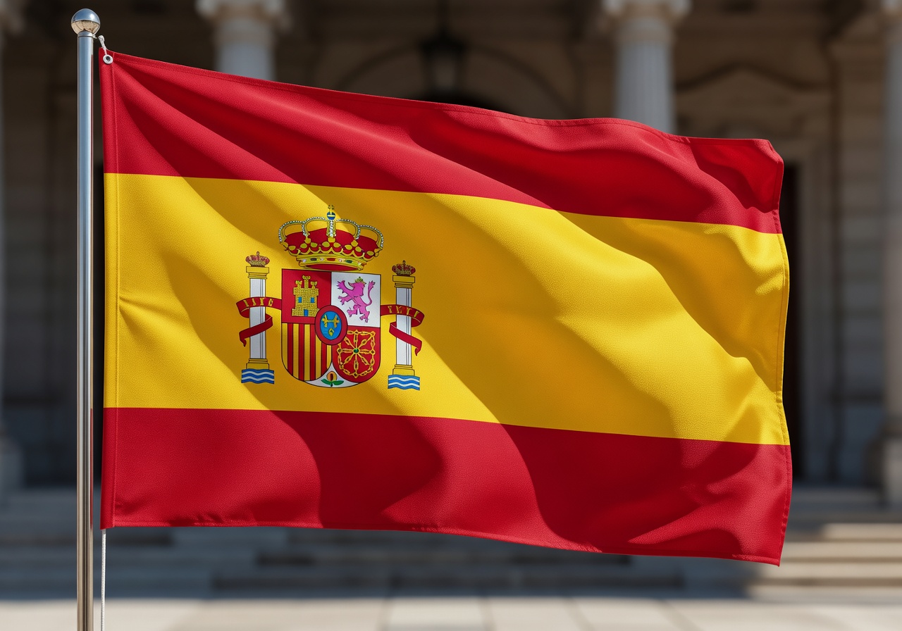 Espanjan virallinen lippu - punaiset ja keltaiset vaakaraidat ja kansallinen vaakuna