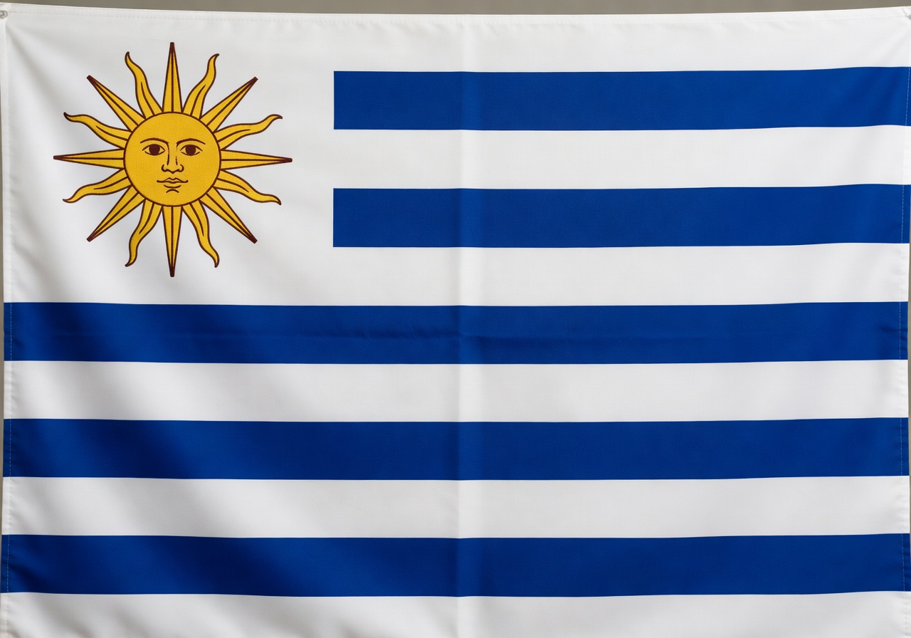 Uruguayn virallinen lippu - valkoiset ja siniset vaakaraidat ja Sol de Mayo yläkulmassa